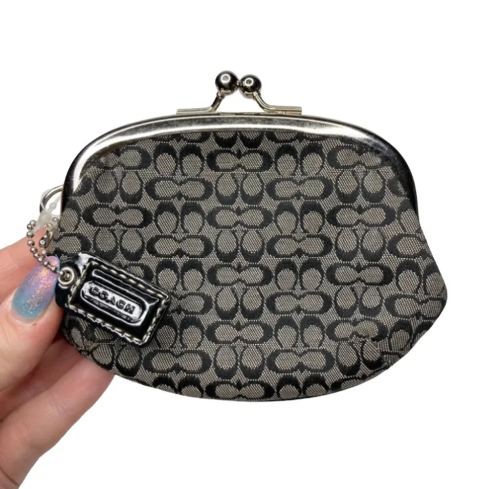 NEW Vintage COACH Black & Gray Mini Signature Canvas Kisslock Coin Pouch Bag